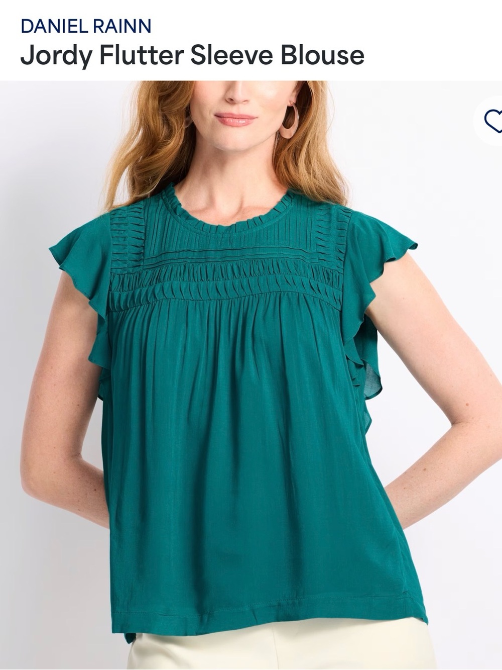 Daniel Rainn Teal Flutter Pintuck Ruffle Blouse